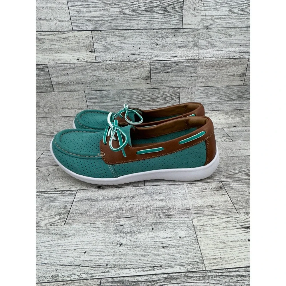 Clarks Collection Teal Suede Boat Shoes‎ Brown Leather Trim 7M 26100156
